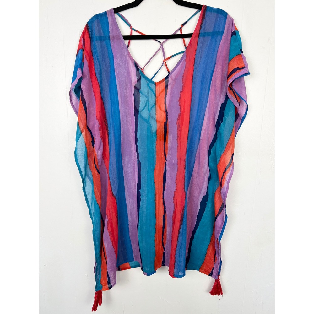 Palisades Beach Club Colorful Striped Tassel Swim Cover-Up Kaftan XS/Small